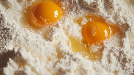 Two bright yellow yolks rest upon a mound of flour, waiting to be blended into a rich dough. The kitchen is filled with anticipation as the ingredients are prepared for baking delicious treats