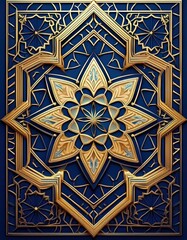 golden geometric design featuring a star motif on a rich blue Background. Ideal for decorative and artistic applications.
