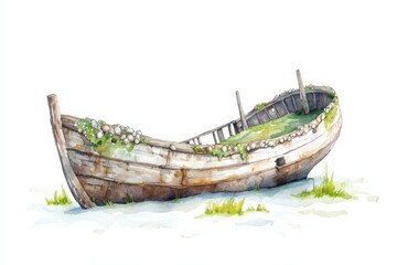 Watercolor artwork of an abandoned boat in a tranquil water setting nature artistic perspective serenity, isolated on white background