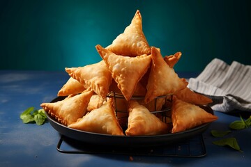 A stack of freshly fried samosas on a metal cooling rack, blue background