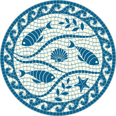 Elegant marine-themed mosaic featuring fish, seashells, and ocean waves in a dark blue color. Ideal for interior decor, ceramic tile designs, branding, and textile patterns
