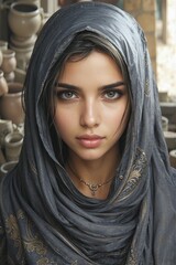 Naklejka premium Close-up portrait of a young woman wearing a gray head covering and necklace. She appears calm and pensive. Pottery is visible in the background.