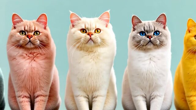 A row of cats with different colors, including pink, yellow, and white