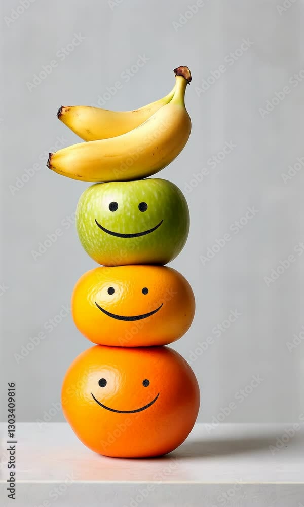 Poster three oranges are stacked on top of each other with a banana on top