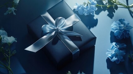 Dark blue gift box with light blue ribbon, surrounded by flowers