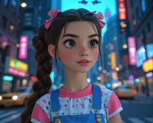 Fototapeta premium A cute cartoon girl stands on a city street at night. Digital illustration, 3D rendering.