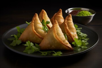 Crispy triangular samosas on a matte black plate with fresh cilantro leaves on a black background