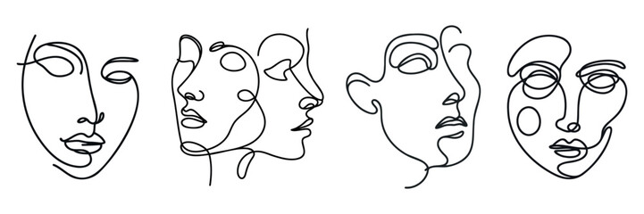 Minimalistic silhouette of woman face. Continuous one line drawing, White background. Vector.
