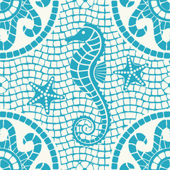 Intricate seamless marine mosaic pattern featuring a light blue seahorse, starfish, and abstract oceanic elements. For textile design, cramic tiles, wallpaper, packaging, branding, and decorative proj © Olga