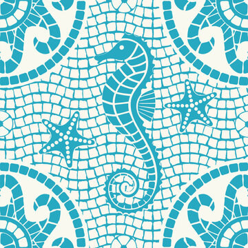 Intricate seamless marine mosaic pattern featuring a light blue seahorse, starfish, and abstract oceanic elements. For textile design, cramic tiles, wallpaper, packaging, branding, and decorative proj