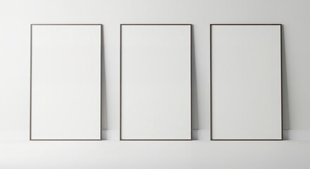 Three pieces of blank white paper, side by side and evenly spaced Black square frame mock-up. Frame poster standing on gray background. 3D illustrations.