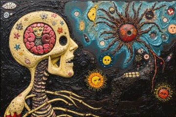 Surreal mixed-media artwork depicting a skull with a female face inside, interacting with celestial elements in a dark, cosmic scene.