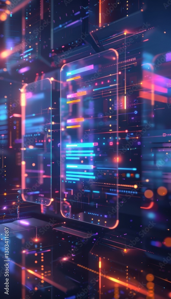 Poster futuristic web design concept with glowing progress bars on 3d panels