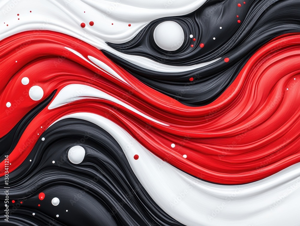 Poster abstract flowing paint design with red, black, and white swirls, creating dynamic movement