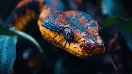 Close-up of a snake's head, showcasing intricate scales and vibrant colors.  Perfect for nature or wildlife publications.