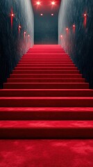 Staircase adorned with red carpet and glowing lights leading to an unknown destination in an elegant setting