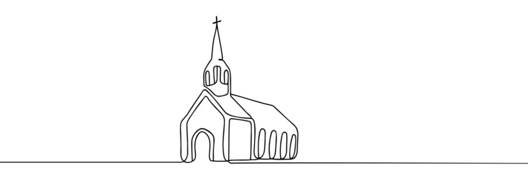 continuous line of churches. one line drawing of church,christian religious place of worship.line art of church isolated white background