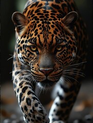 Obraz premium Closeup portrait of a leopard, showcasing its intense gaze and detailed coat. Ideal for wildlife documentaries, nature publications, or as a stunning visual.