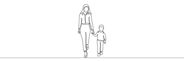 Mother with her child son walking away. Continuous line drawing. Black and white vector illustration in line art style.