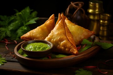 Three samosas placed on a banana leaf on a traditional round wooden plate, served with green chutney