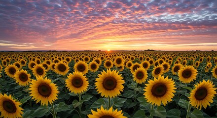 Obraz premium Sunflower Field at Sunset with Colorful Sky and Beautiful Clouds