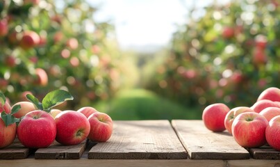 wooden table top with a blurred apple orchard background, suitable for product display and layout design