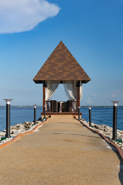 small pavilion dining spot in front of sea in Shangri-La Resort In Mactan Island, Cebu, Philippines