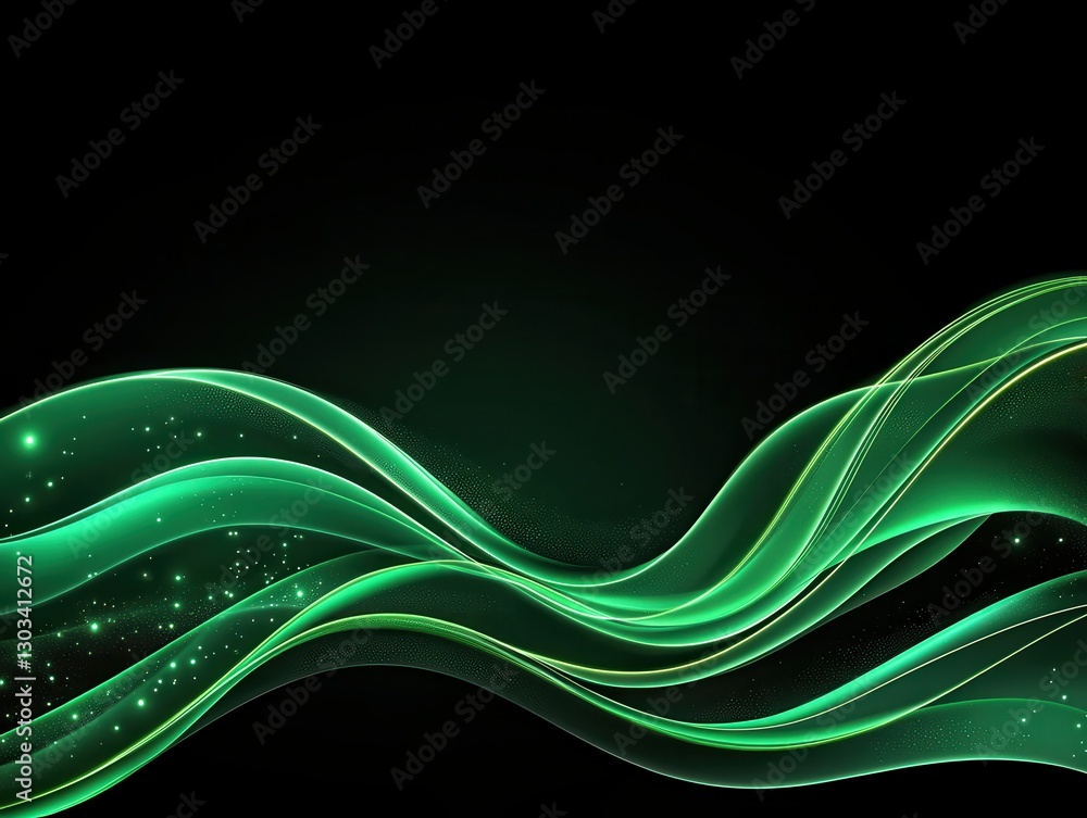 Poster abstract green wave design with sparkling elements on a black background