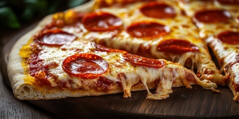 Delicious pepperoni pizza served on a wooden board with bubbling cheese and crispy crust