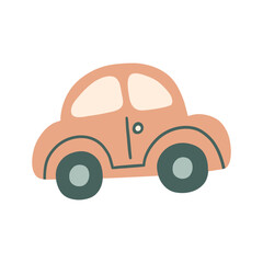 Bohemian baby car doodle. Simple childish boho pink toy for nursery, print, poster, card. Cartoon nordic illustration for children. Hand drawn illustration isolated on white background.