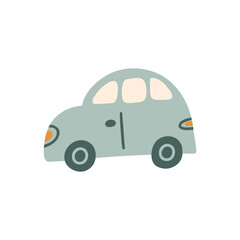 Bohemian baby car doodle. Simple childish boho blue toy for nursery, print, poster, card. Cartoon nordic illustration for children. Hand drawn illustration isolated on white background.