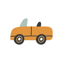 Bohemian baby element doodle. Simple childish boho orange car for nursery, print, poster, card. Cartoon nordic illustration for children. Hand drawn illustration isolated on white background.
