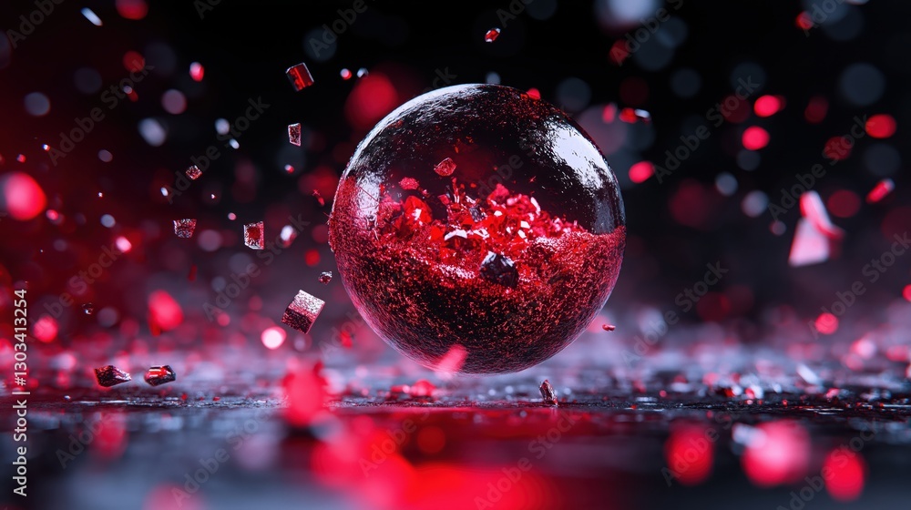 Aufkleber captivating sphere of red fragments suspended in dynamic motion on a dark reflective surface