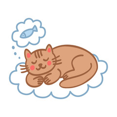 Cute cat doodle style. Simple happy sleeping on a cloud character for card, print, banner, poster, template. Cartoon illustration for children. Hand drawn illustration isolated on white background.