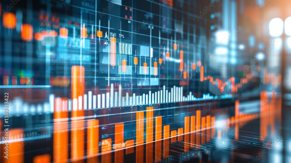 Aufkleber visualizing business growth with orange and teal charts on a dynamic digital background
