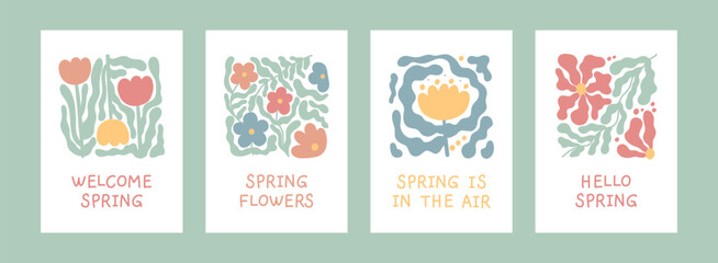 Abstract colorful flower card set. Floral doodle shape in trendy naive matisse hippie 70s style. Hello spring. Retro poster, print, banner. Hand drawn illustration isolated on white background.
