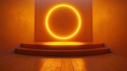 Empty orange podium with neon circle, product display