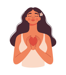 Spring girl hugs a heart. Happy smile women. Flat character for card, poster, banner. Self love, care, harmony, mental health, positive concept. Hand drawn illustration isolated on white background.