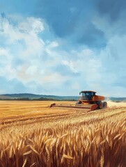 Obraz premium Combine harvester harvesting wheat on a wheat field on sunny summer day.