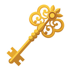 Antique Gold Ornate Key Vector Illustration - Cartoon, Clipart & Line Art Design.eps