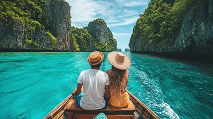 couple enjoying a honeymoon boat tour around thailand islands surrounded by picturesque scenery turquoise waters and exotic paradise creating unforgettable travel memories