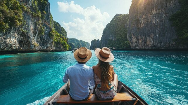 couple enjoying a honeymoon boat tour around thailand islands surrounded by picturesque scenery turquoise waters and exotic paradise creating unforgettable travel memories - Powered by Adobe