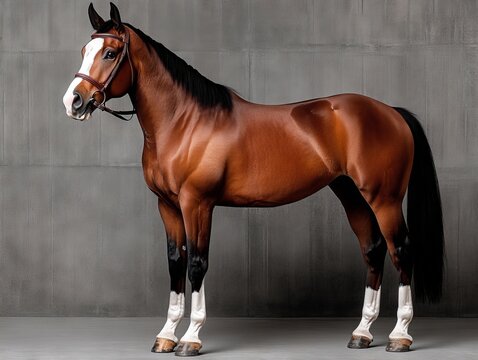 A brown horse standing in front of a gray wall