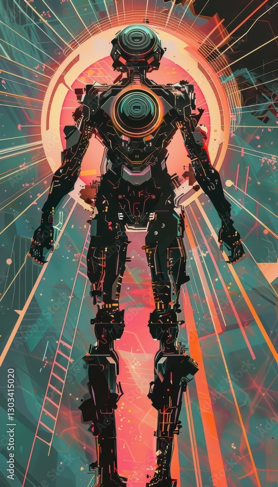Poster futuristic robot concept art with sunburst rays for tech branding and design