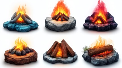 Set of bonfires burning on stone bases with different colors and styles
