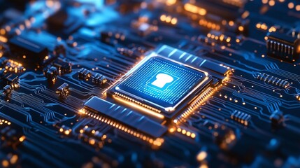 advanced cybersecurity concept with locked blue circuit board effect representing digital encryption firewall network safety and hacking prevention in technology
