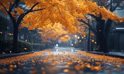 Autumn leaves create a golden carpet on a quiet street in the rain