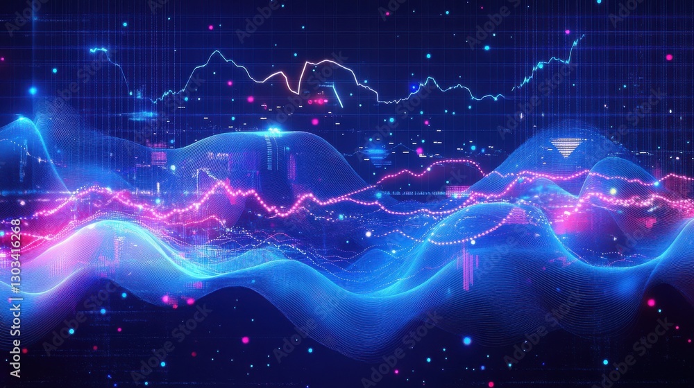 Poster dynamic financial chart with fluctuating graphs and glowing elements on a blue background