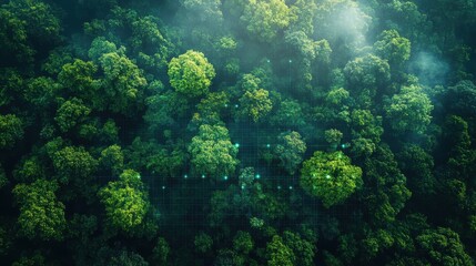 Aerial View of Lush Forest Canopy with a Subtle Grid Overlay Connecting Ecosystem Data