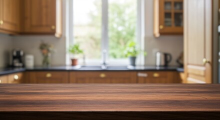 Wooden Tabletop Against Blurred Kitchen Background - Rustic wooden surface, bright kitchen backdrop, natural light, home cooking, kitchen design
